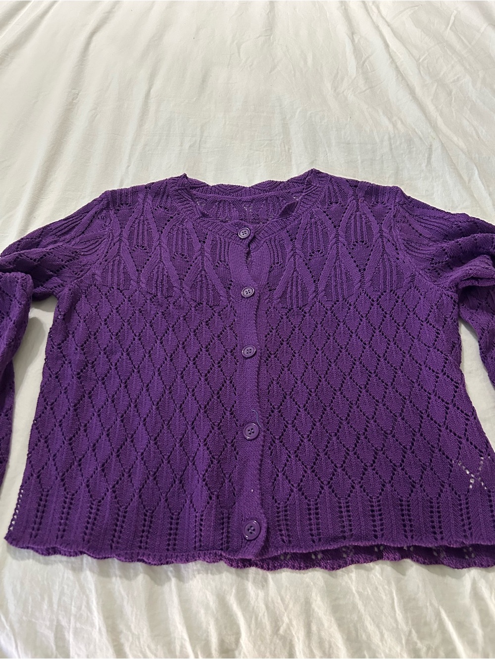 Purple Openwork Button-Front Women's Cardigan Sweater